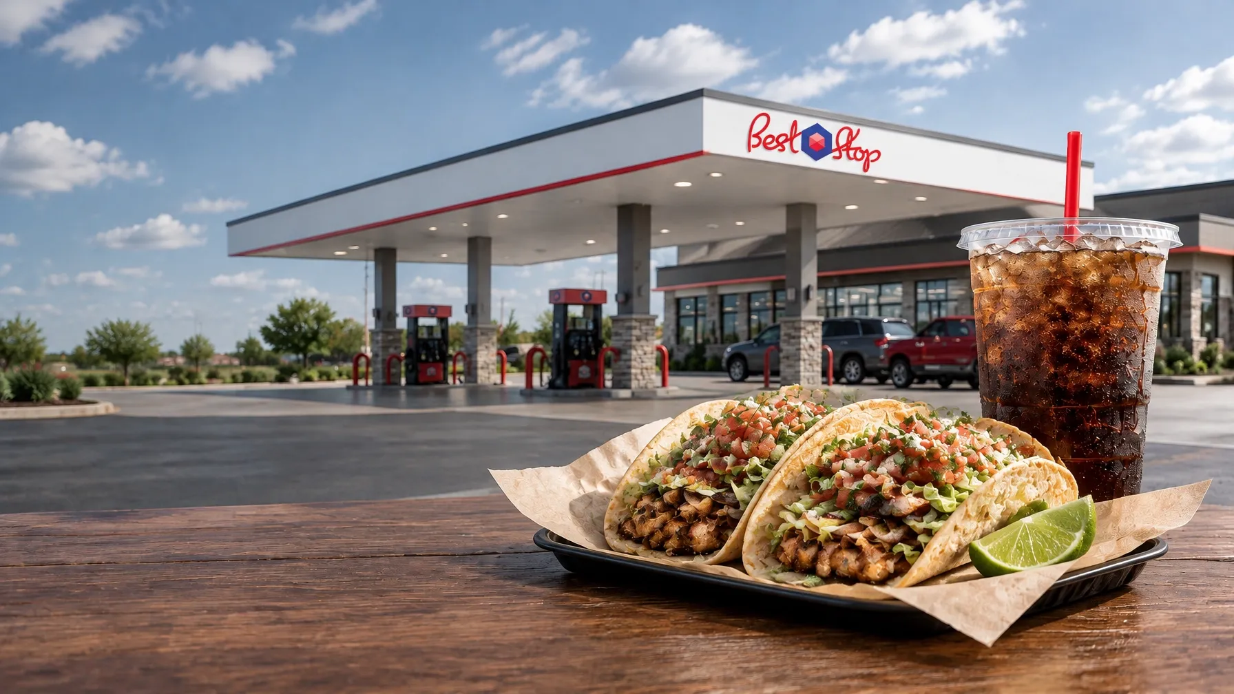 A sunny roadside convenience store with fuel pumps, a sandwich, and a cold drink