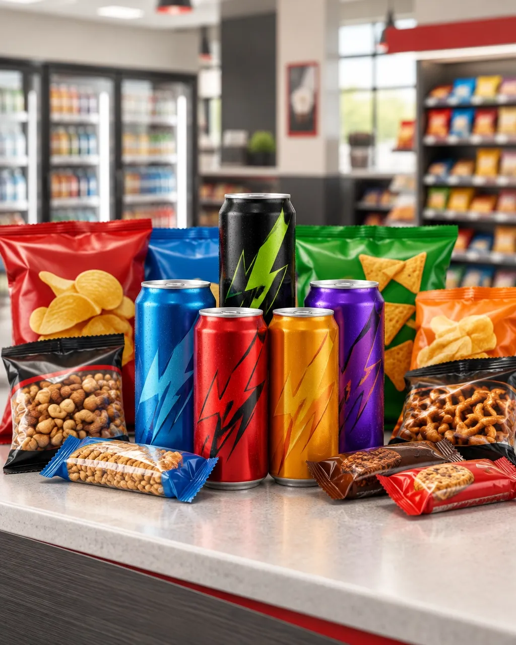 A well-stocked convenience store aisle with drinks and everyday essentials