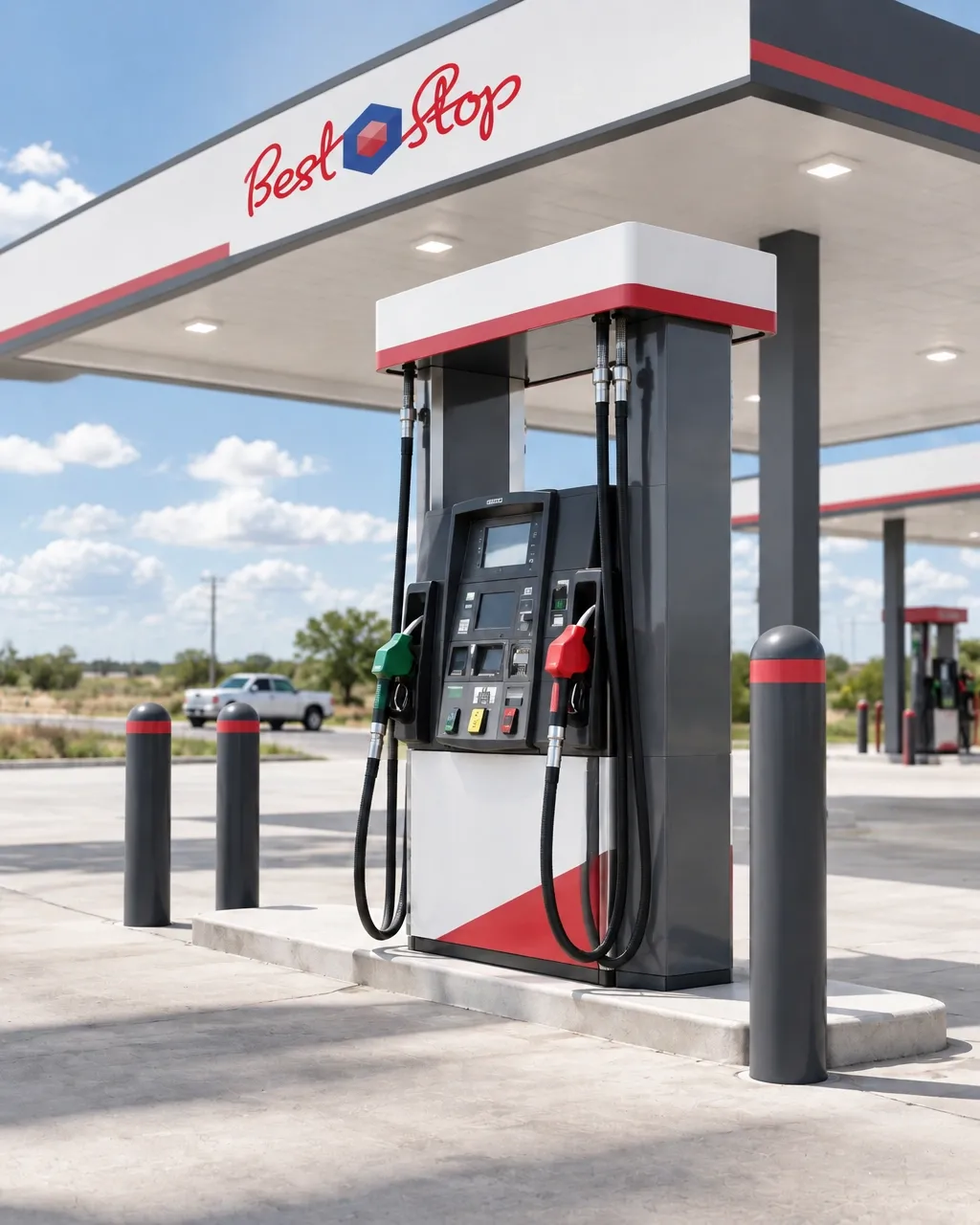 Clean fuel pump beneath a red-trimmed gas station canopy