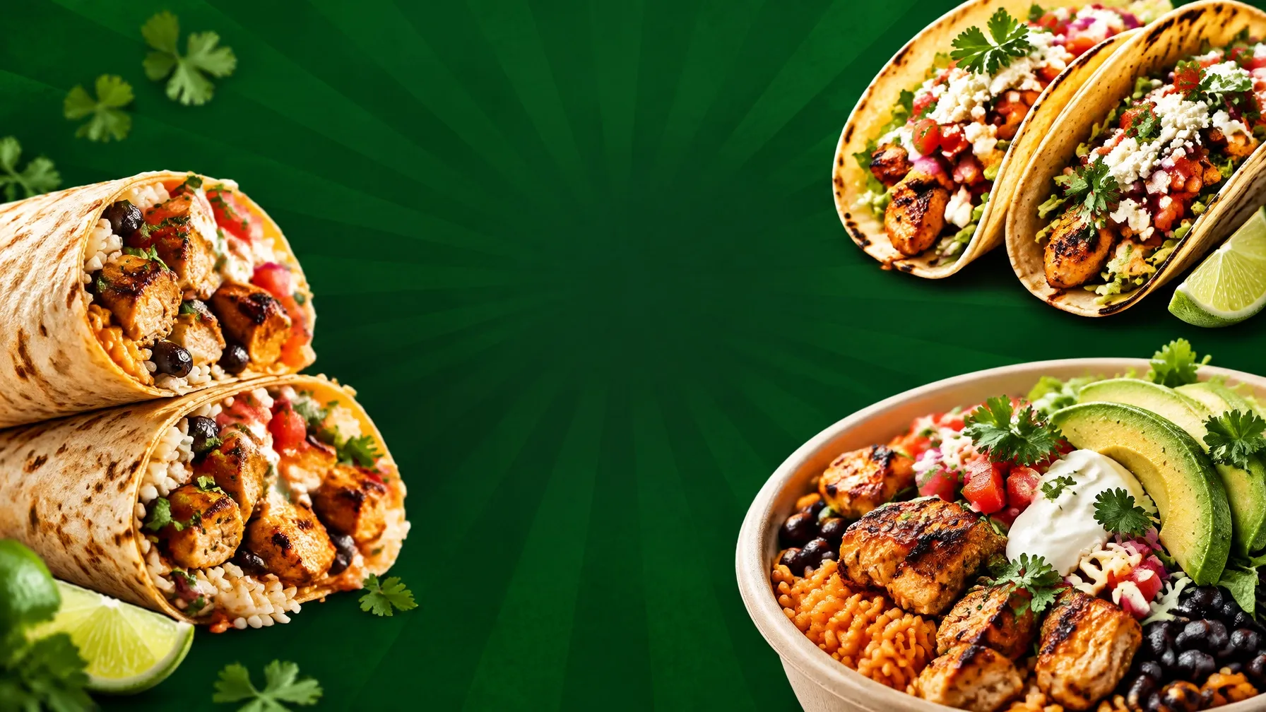 Ranchero tacos, burrito and bowl with fresh ingredients