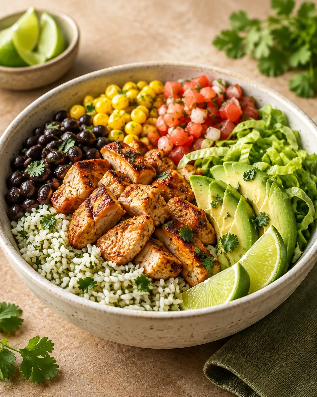 A colorful rice bowl with grilled chicken, beans, corn, vegetables, and lime