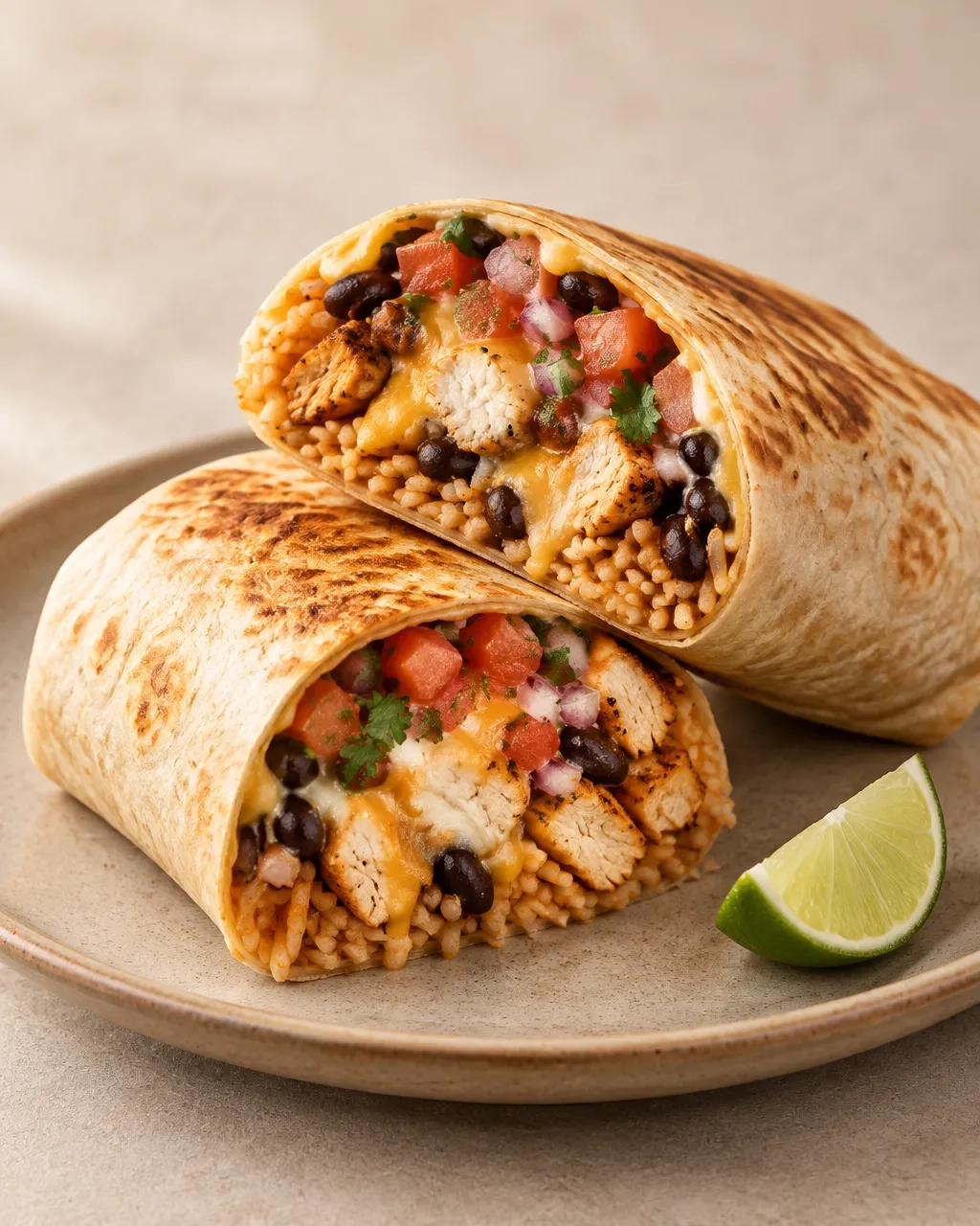 A toasted burrito cut open to show its savory filling