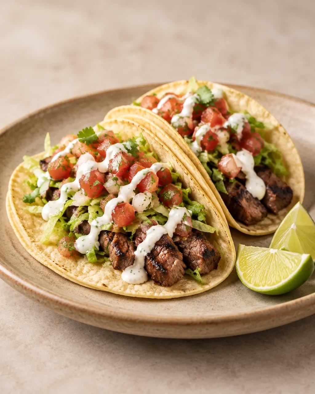 Fresh tacos with grilled filling, pico de gallo, and lime