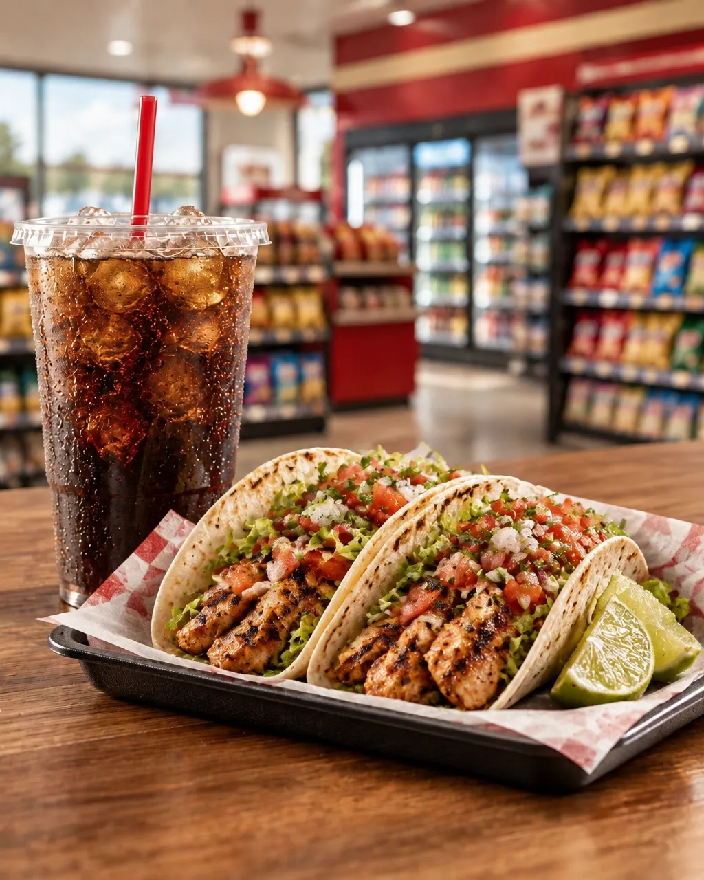 A sandwich, chips, and cold fountain drink in a convenience store